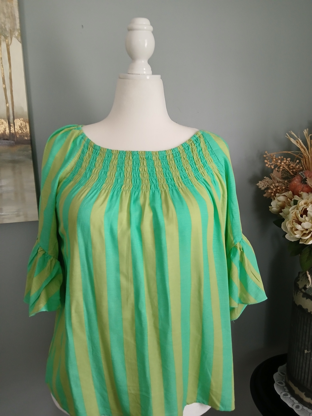 Cato Green and Lime Striped Off-Shoulder Smocked Blouse